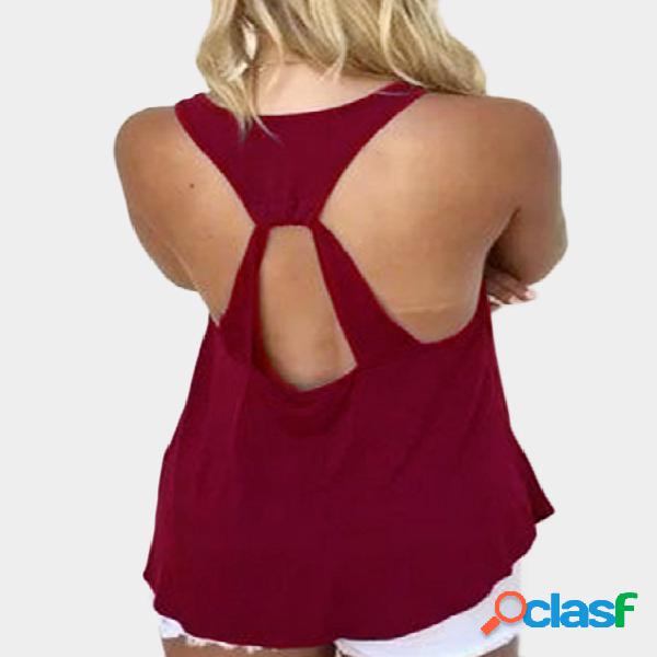 Burgundy Cut Out Round Neck Backless Tank Top