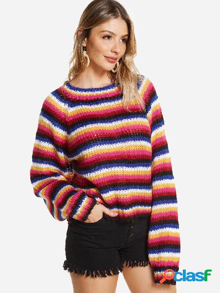 Colorful Stripe Round Neck Long Loose Fit Sleeves Sweater