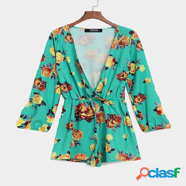 Full Length Sleeves Plunge Random Floral Pattern Playsuit