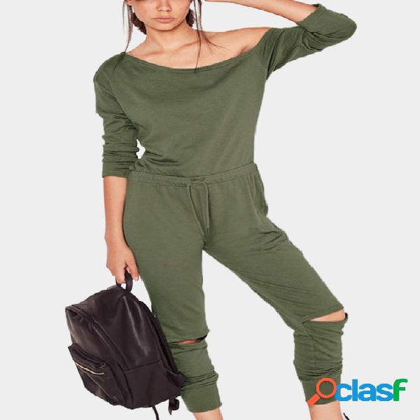 Green One Shoulder Drawstring Waist Hollow Knees Jumpsuit