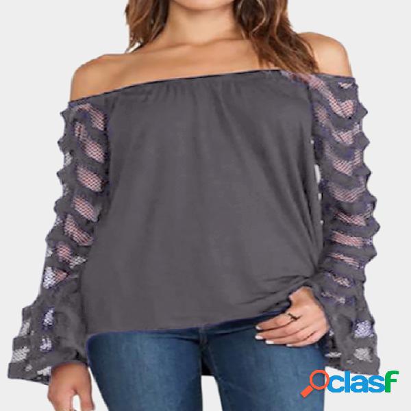 Grey Off The Shoulder Long Sleeves Patchwork Design Top