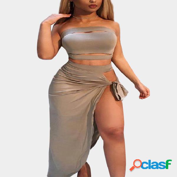 Grey Self-tie Top with Slit Hem Skirt Two Piece Outfits