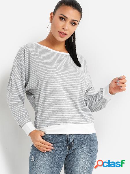 Grey Stripe Crew Neck Long Sleeves Backless Tee