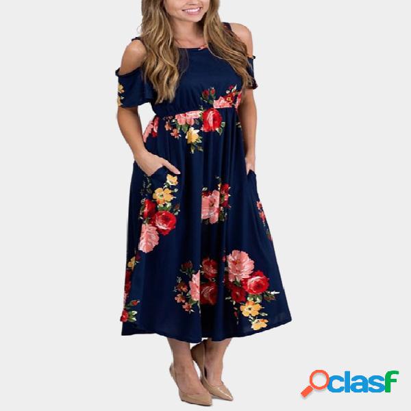 Navy Random Floral Print Cold Shoulder Maxi Dress