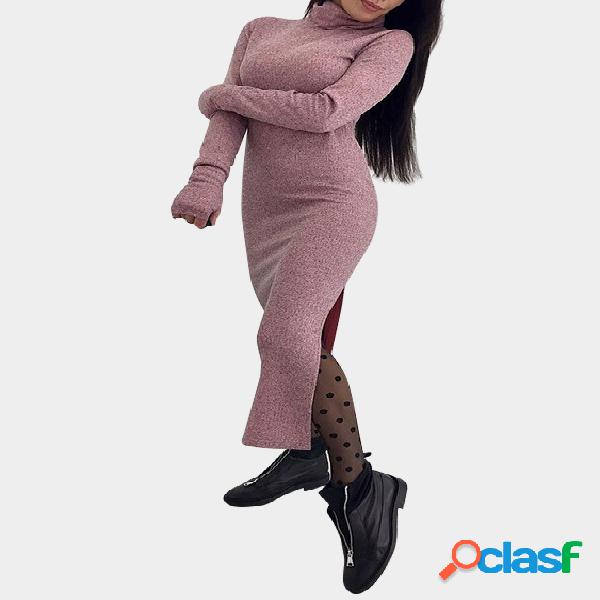 Pink High Neck Long Sleeves Slit Hem Maxi Dress