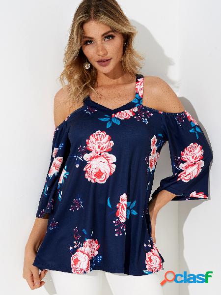 Random Floral Print Criss-cross Cold Shoulder 3/4 Length