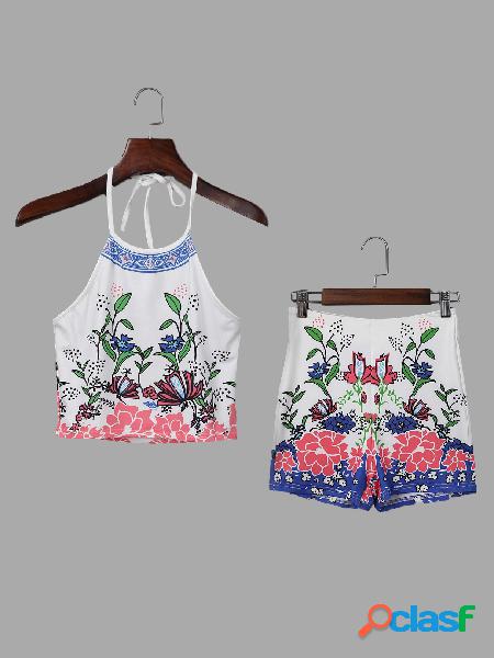 Random Printing Halter Sleeveless Crop Top and Hidden Zip