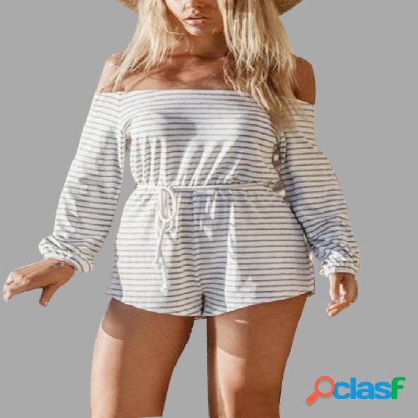 Stripe Pattern Off Shoulder Open Back Playsuit