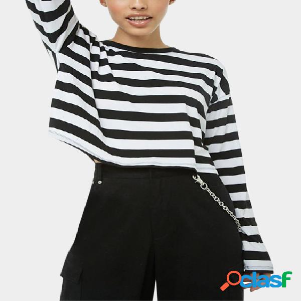 Stripe Pattern Round Neck Long Sleeved Crop Tees