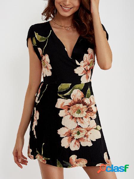 V-neck Random Floral Print Self-tie Wrap Dress