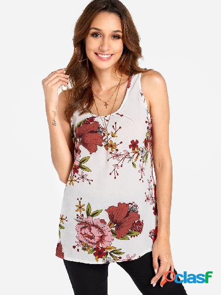 White Floral Print Round Neck Sleeveless Summer Top