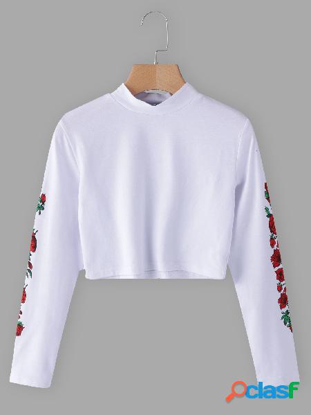 White Rose Print Choker Neck Long Sleeves Short T-shirt