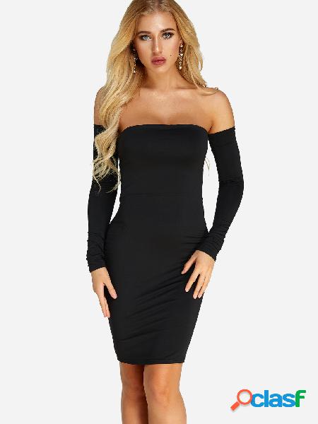 Black Backless Design Plain Off The Shoulder Long Sleeves