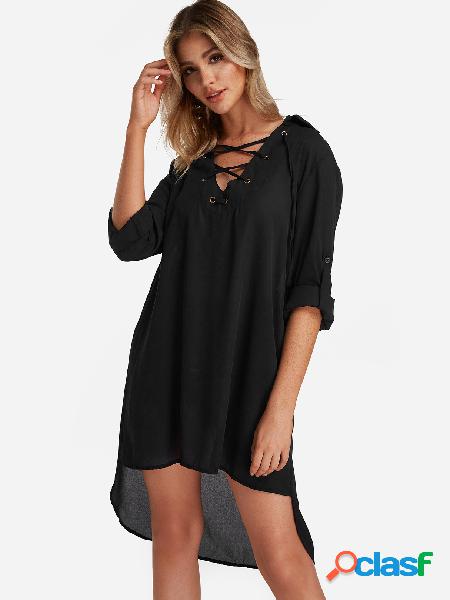 Black Criss-cross Plain V-neck 3/4 Length High-low Hem