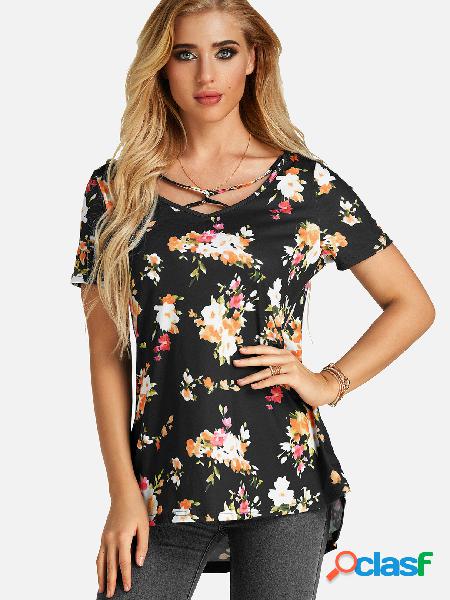 Black Random Floral Print Round Neck Irregular Hem T-shirt