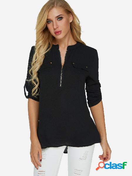 Black Zip Design V-neck Adjustable Length Sleeves Blouse