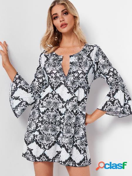 Casual Snake V-neck Bell Sleeves Mini Dress