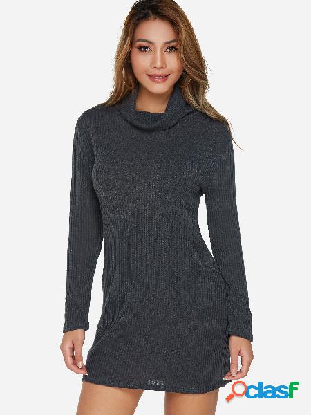 Dark Grey High Neck Long Sleeves Knit Casual Dress