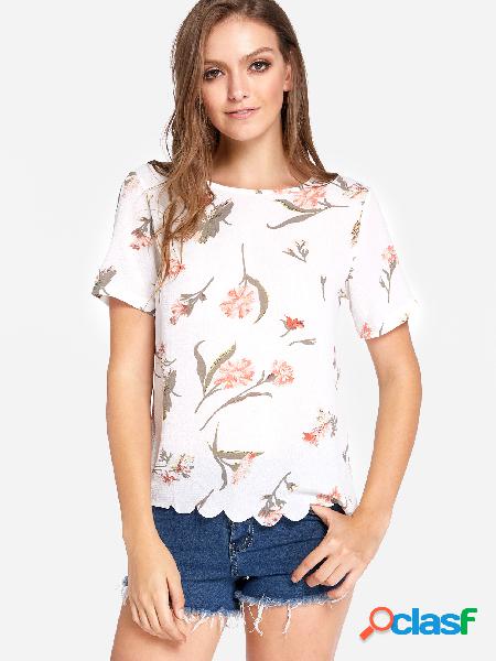 Floral Print Round Neck Scalloped Hem T-shirts