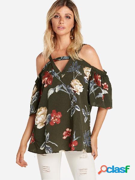 Green Cut Out Random Floral Print Cold Shoulder Half Sleeves