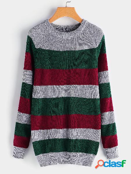 Green Stripe Details Crew Neck Long Sleeves Sweaters