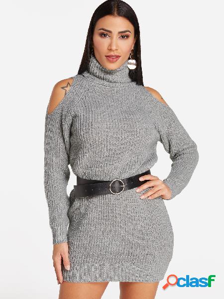 Grey Cold Shoulder Design Plain Turtleneck Long Sleeves