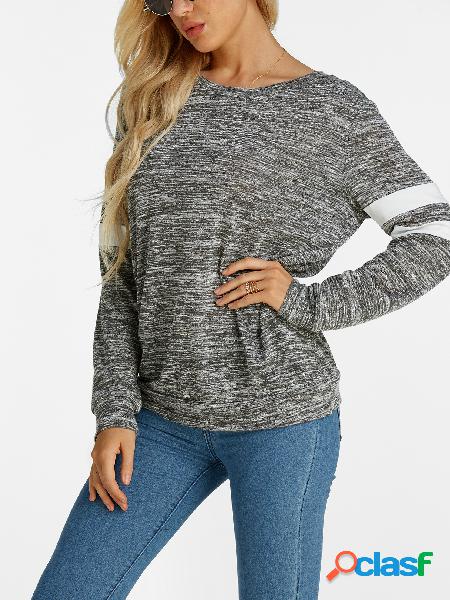 Grey Plain Crew Neck Strip Details Long Sleeves Sweater