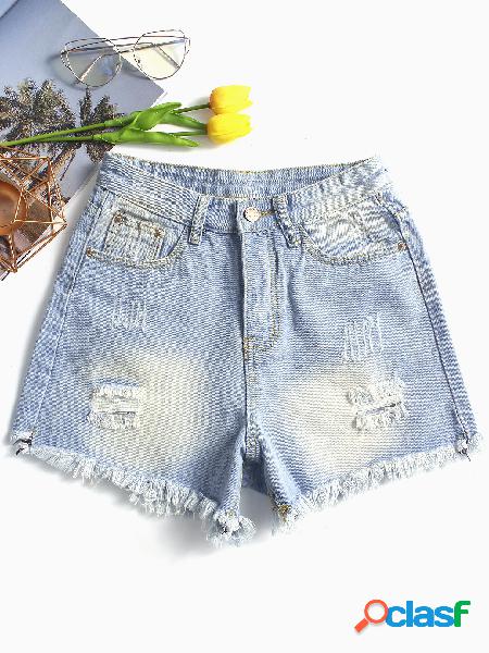 Light Blue MIdi Waist Ripped Denim Shorts