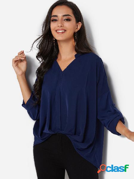 Navy Pleated Design V-neck Adjustable Sleeves Length Shirt