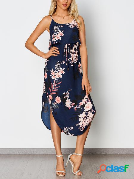 Navy Random Floral Print Drawstring Waist Slit Hem Spaghetti