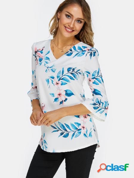 Random Floral Print V-Neck Backless Bell Sleeves Blouses