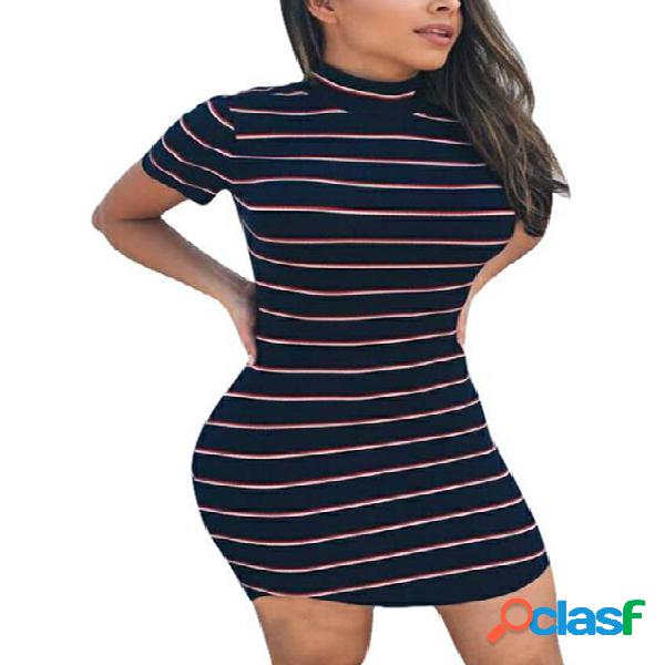 Stripe Pattern Round Neck Curved Hem Mini Dress