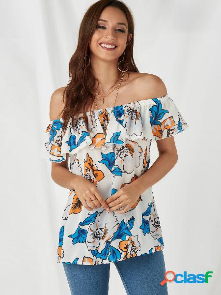 Tiered Design Random Floral Print Off The Shoulder Short