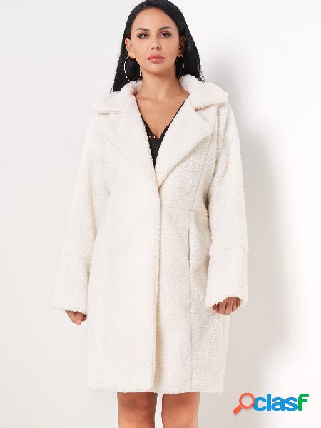 White Button Design Lapel Collar Long Sleeves Woolen Coat