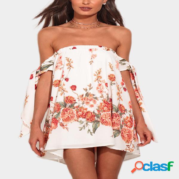 White Floral Print Off The Shoulder Dress