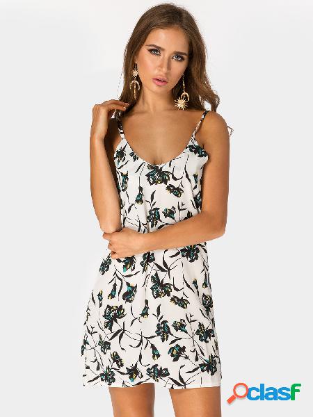 White Random Floral Print V-neck Sleeveless Mini Dress