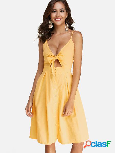 Yellow Bowknot Cut-out Design V-neck Sleeveless Dress