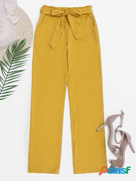 Yellow Wide Leg High Waisted Pants with Belt
