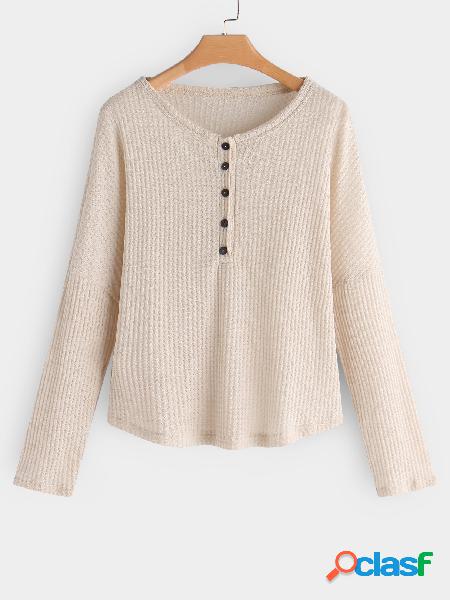 Apricot Button Design Plain Round Neck Long Sleeves Knitted