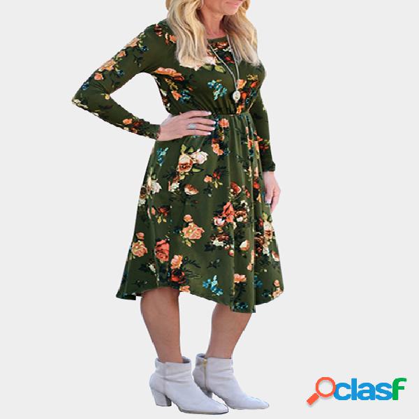 Army Green Random Floral Print Long Sleeves Midi Dress