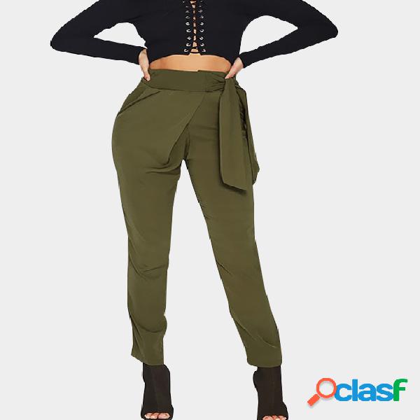 Army Green Skinny Leg High Waist Pants with Tie