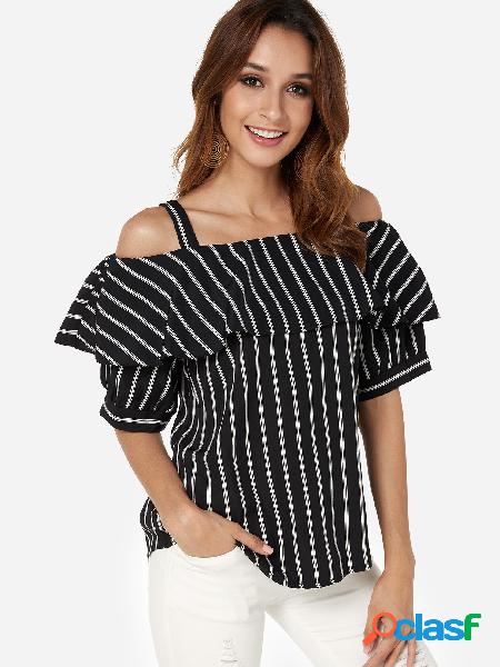 Black Flared design Stripe Cold Shoulder Half Sleeves Blouse