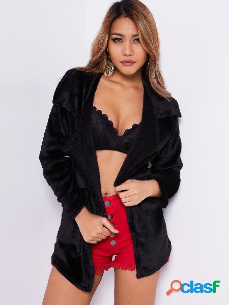 Black Open Front Design Lapel Collar Long Sleeves Trench