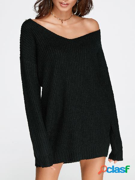 Black Oversized Plunging V-neck Knit Sweater Dress