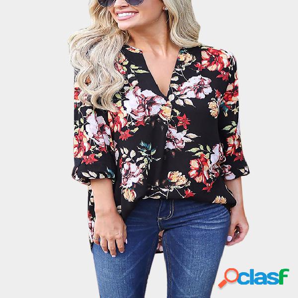 Black Random Floral Print V-neck 3/4 Length Sleeves Curve