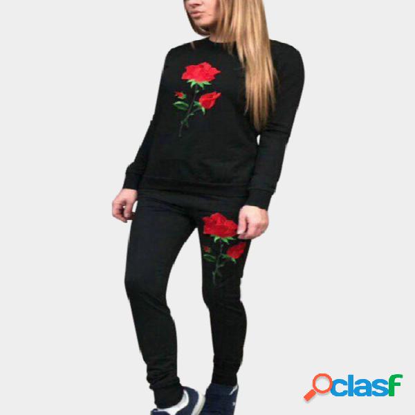 Black Side Pockets Rose Embroidered Crew Neck Long Sleeves