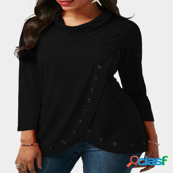 Black Slit Design Roll Neck Long Sleeves T-shirt With Eyelet