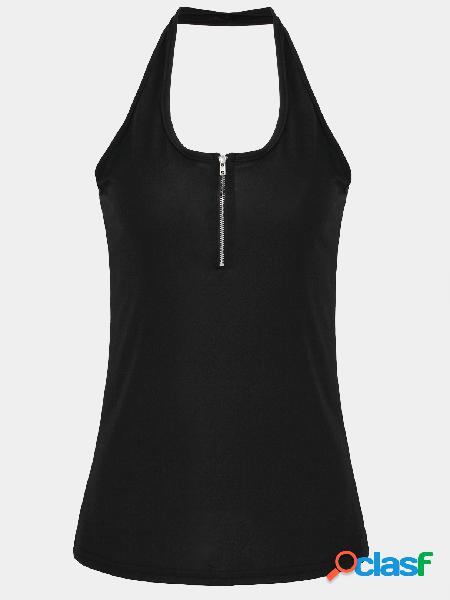 Black Zip Front V-neck Backless Camis
