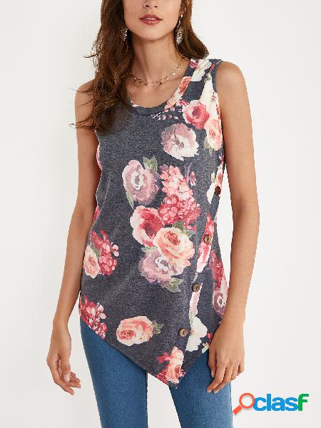 Blue Floral Print Round Neck Button-down Tank Top