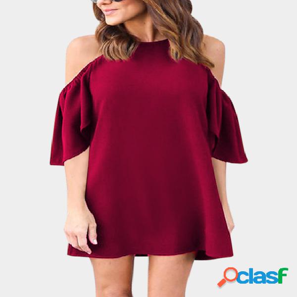 Burgundy Cold Shoulder Short Sleeves Dresses